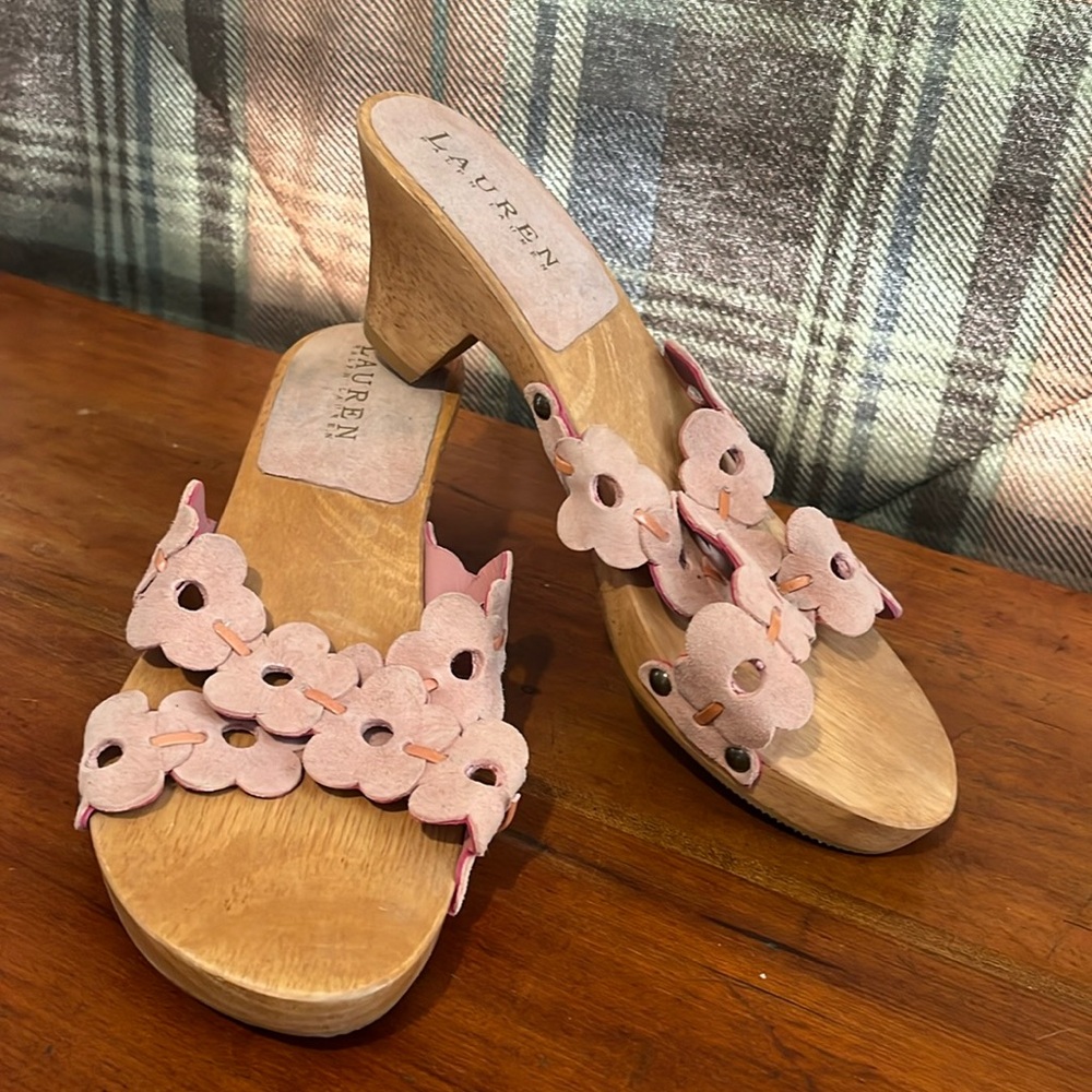 Ralph Lauren wooden, pink suede, sandals